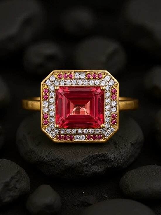 18K Yellow Gold 2.62ctw Oval Purplish Pink Sapphire with Dia  Pink Sapphire 14K (or 18k upon request) Yellow Gold Tourmaline Diamond Halo Ring